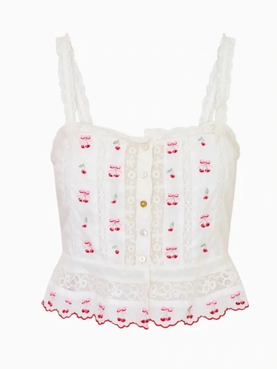 NWT [LoveShackFancy] Vietta Embroidered Cherry Lace Crop Top White Women’s XS - Picture 3 of 14